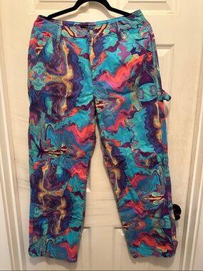 Forever 21 Marble Wash Carpenter Utility Jeans in Turquoise, Purple & Orange